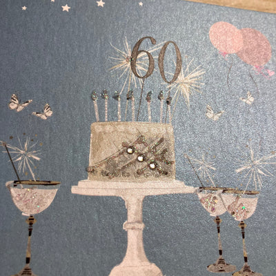 60th Birthday Teal Blue Sparkly Cake & Glasses Card - White Cotton Cards