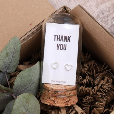 Thank You - Terrarium Bottle - Sterling Silver Open Heart Stud Earrings