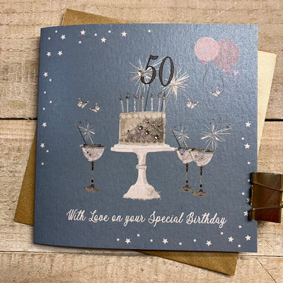 50th Birthday Teal Blue Sparkly Cake & Glasses Card - White Cotton Cards