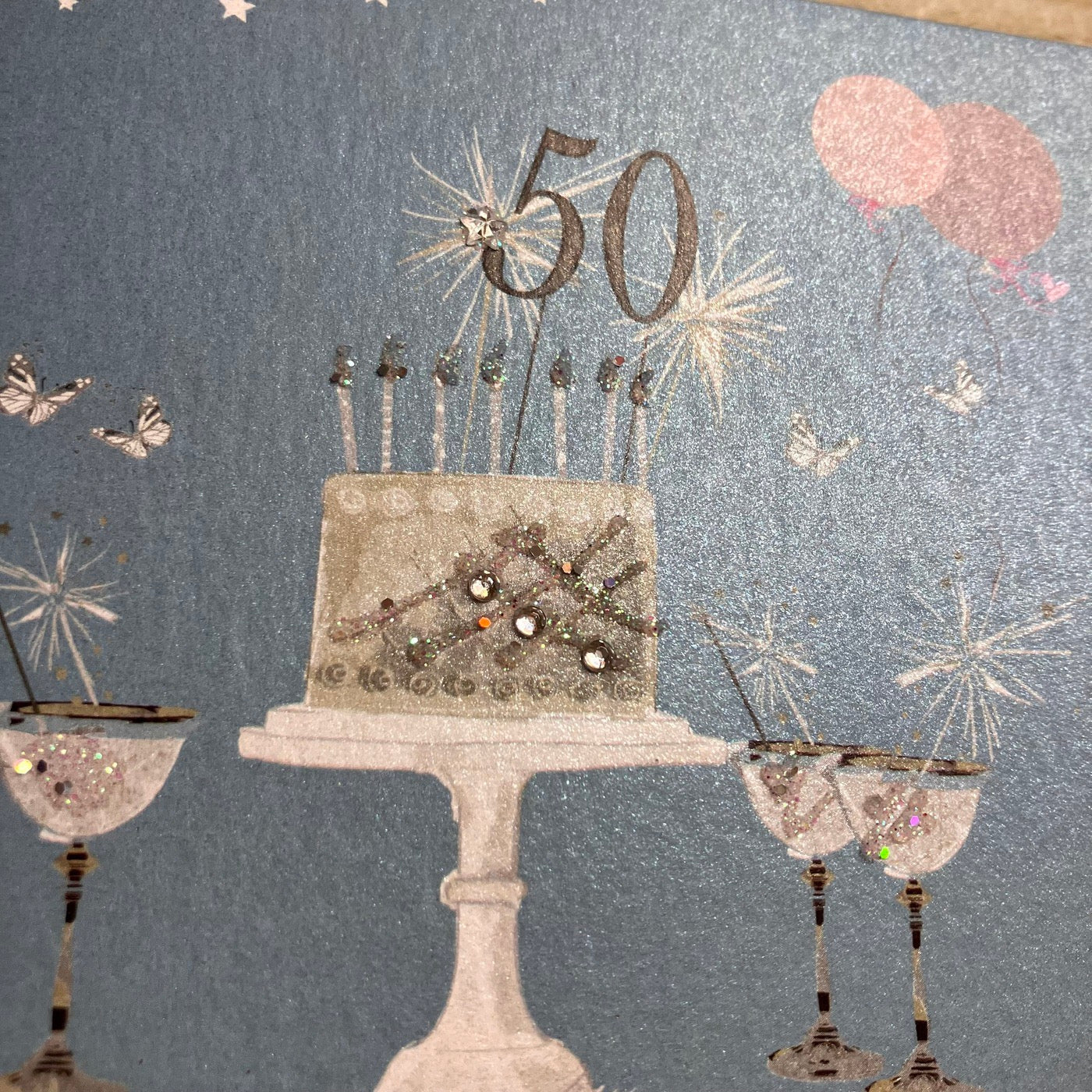 50th Birthday Teal Blue Sparkly Cake & Glasses Card - White Cotton Cards