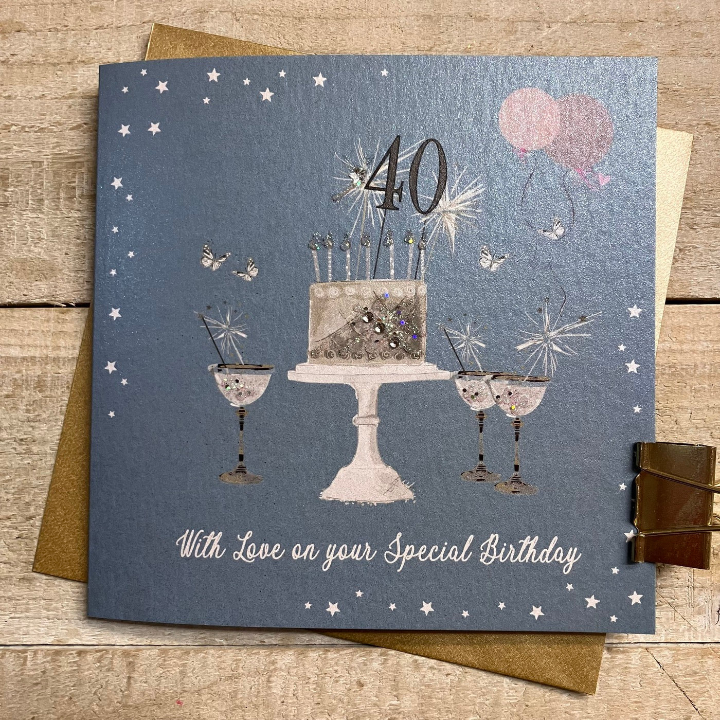 40th Birthday Teal Blue Sparkly Cake &amp; Glasses Card - White Cotton Cards