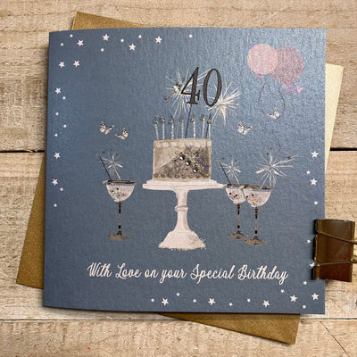 40th Birthday Teal Blue Sparkly Cake & Glasses Card - White Cotton Cards
