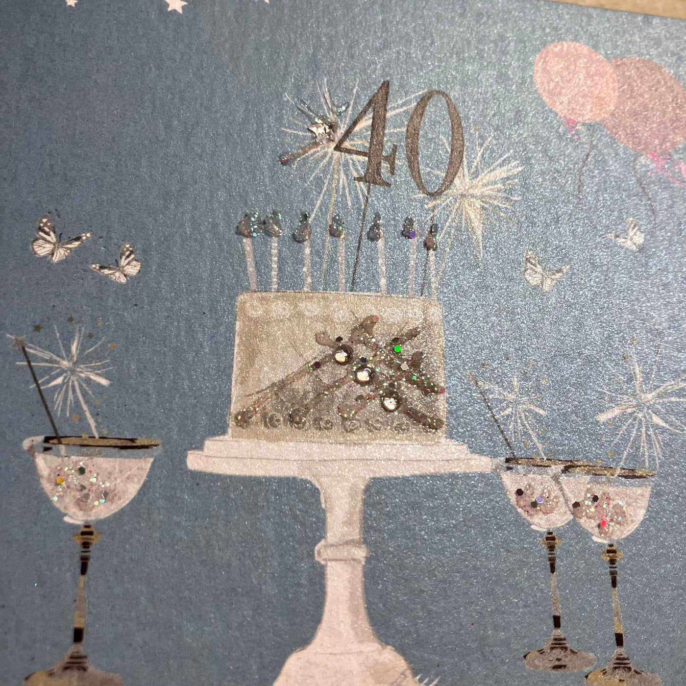 40th Birthday Teal Blue Sparkly Cake &amp; Glasses Card - White Cotton Cards