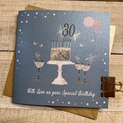 30th Birthday Teal Blue Sparkly Cake & Glasses Card - White Cotton Cards