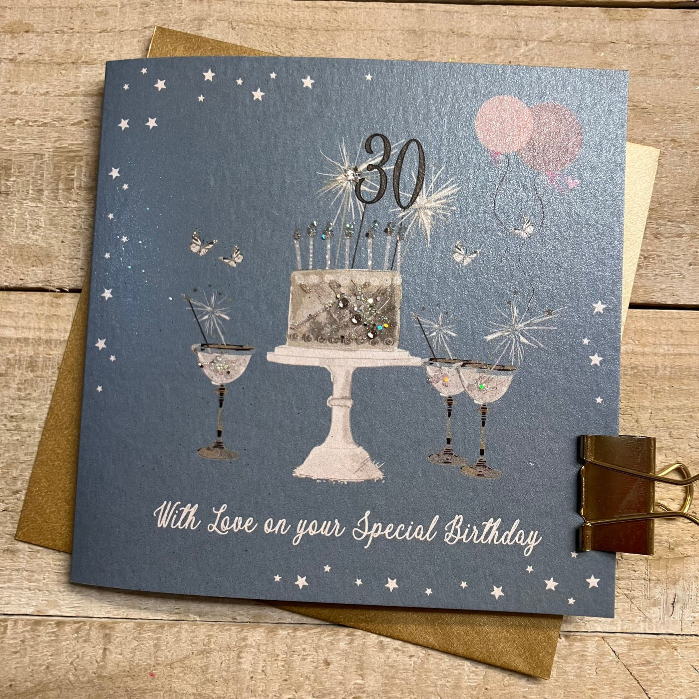 30th Birthday Teal Blue Sparkly Cake &amp; Glasses Card - White Cotton Cards