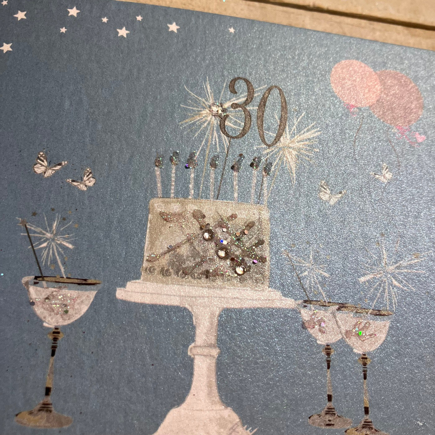 30th Birthday Teal Blue Sparkly Cake &amp; Glasses Card - White Cotton Cards