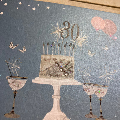 30th Birthday Teal Blue Sparkly Cake & Glasses Card - White Cotton Cards