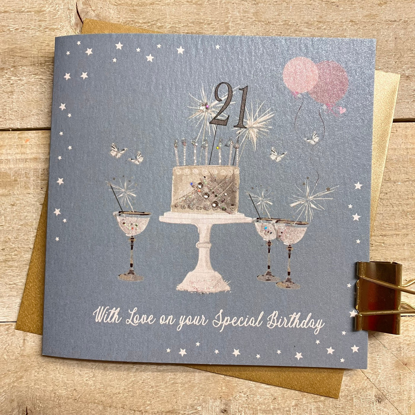 21st Birthday Teal Blue Sparkly Cake &amp; Glasses Card - White Cotton Cards