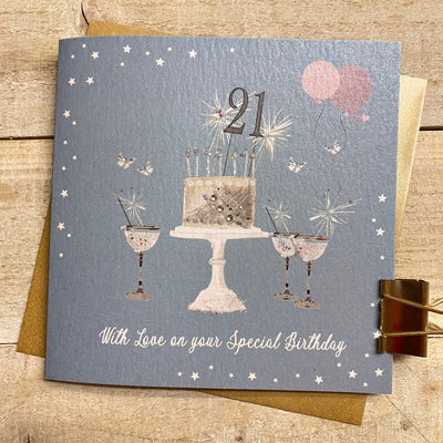 21st Birthday Teal Blue Sparkly Cake & Glasses Card - White Cotton Cards