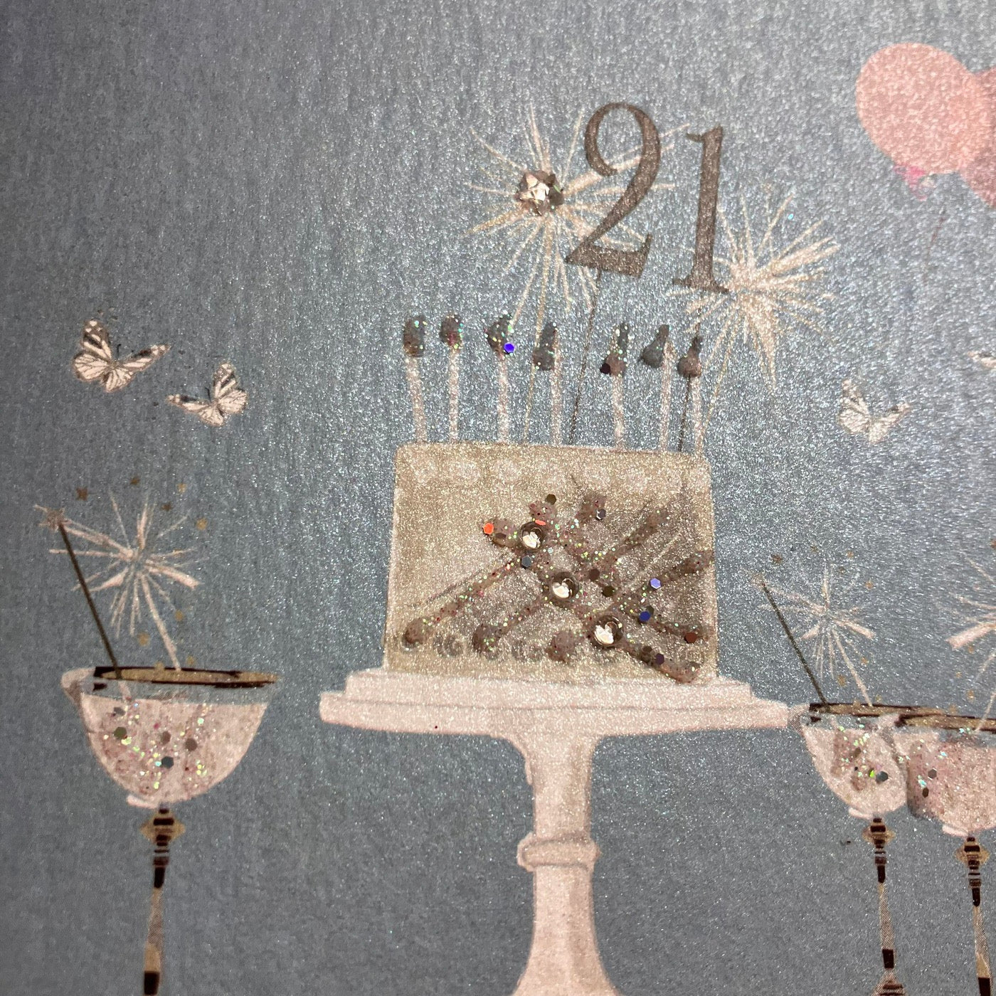 21st Birthday Teal Blue Sparkly Cake &amp; Glasses Card - White Cotton Cards