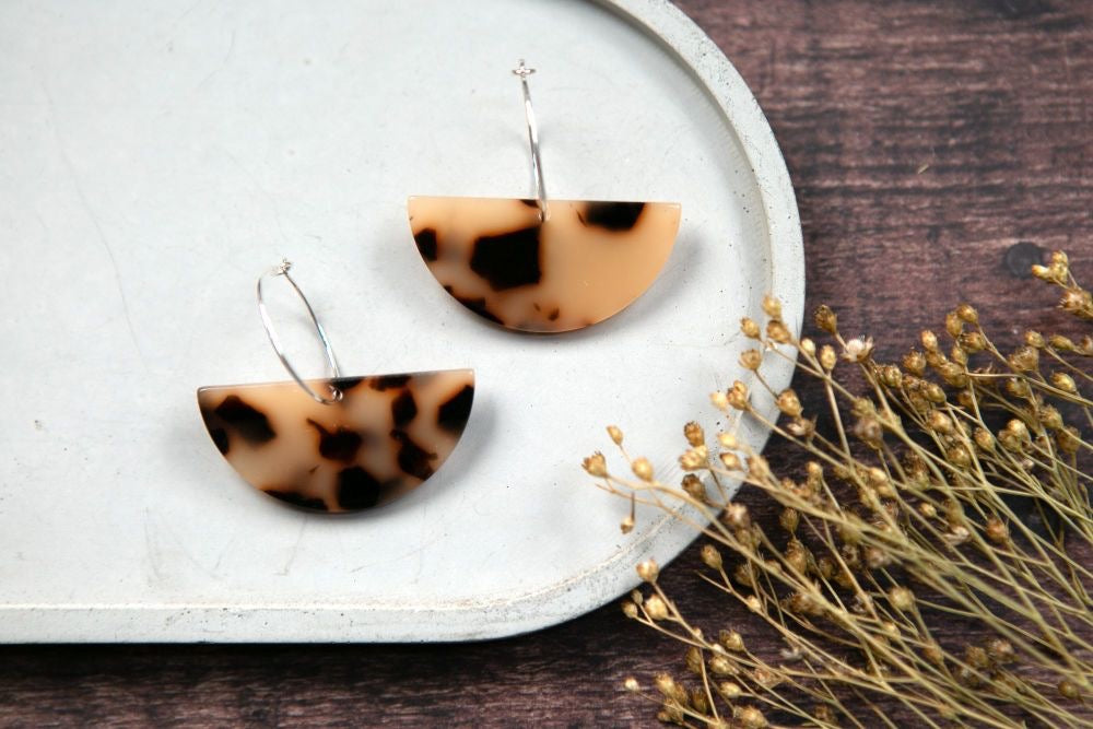 Acrylic Semi-Circle Large Wire Earrings -Light Tortoiseshell - The Old Farmhouse Jewellery