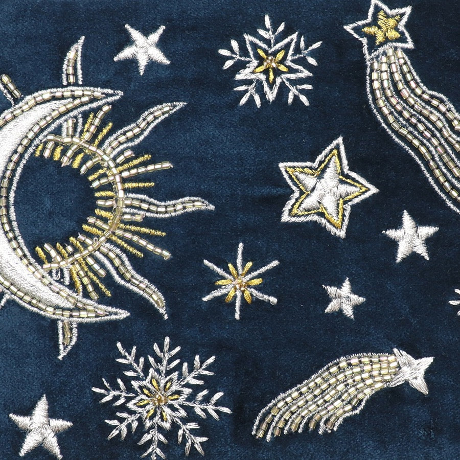 POM - Petrol Blue - Moon &amp; Stars - Embroidered Zip Top Pouch with Tassel