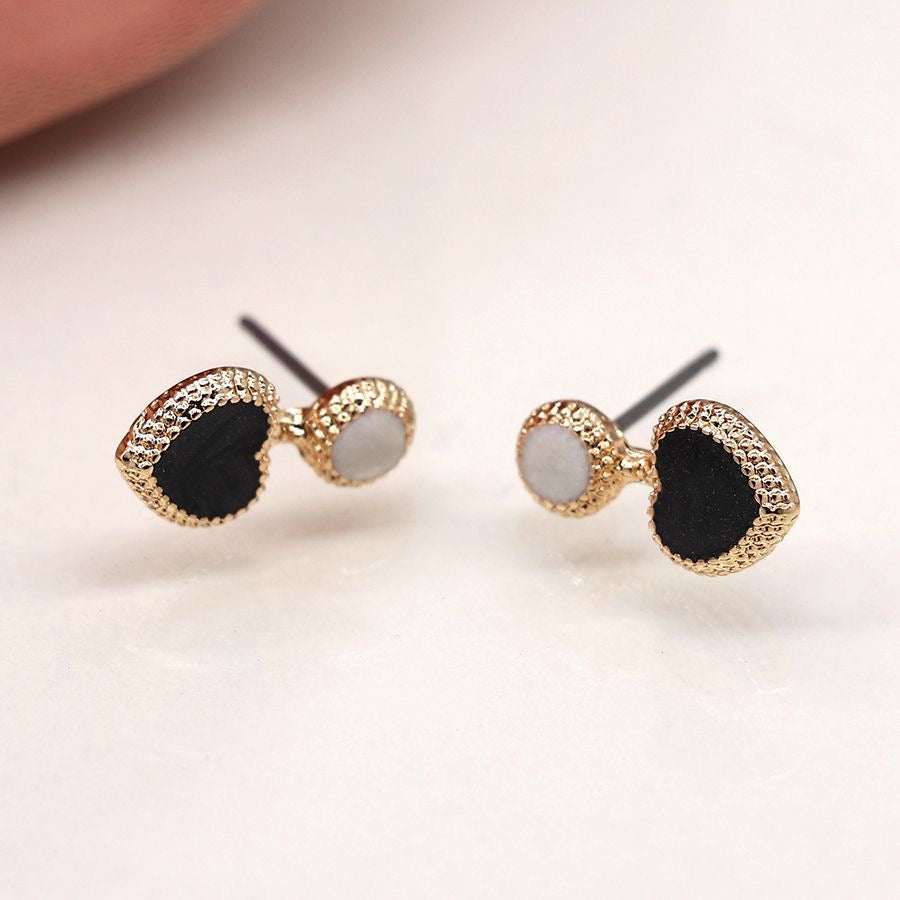 POM Faux Gold Plated Edged Heart Stud Earrings with Black & White Enamel