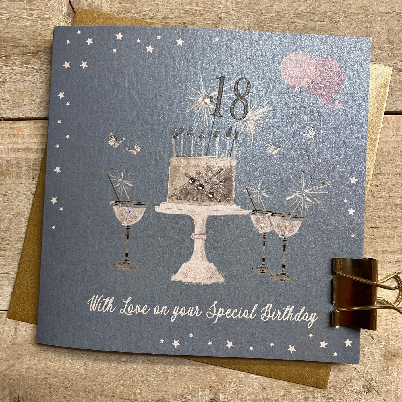 18th Birthday Teal Blue Sparkly Cake &amp; Glasses Card - White Cotton Cards