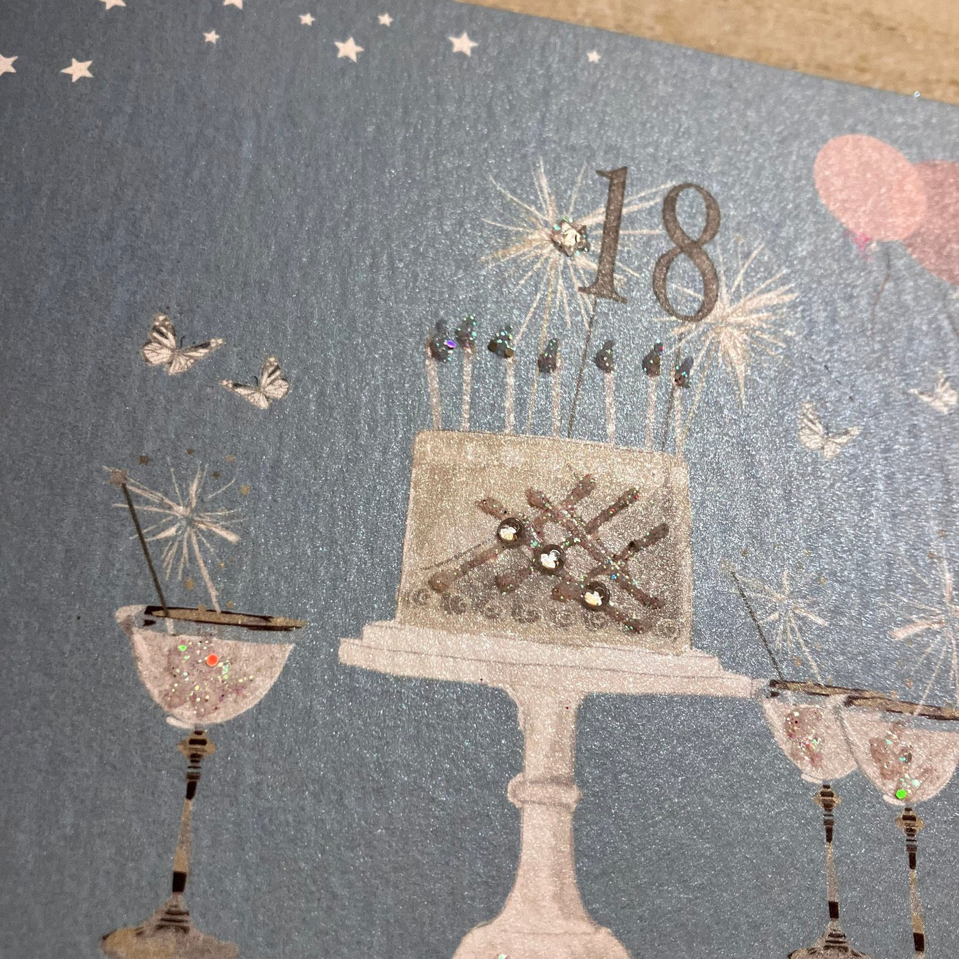 18th Birthday Teal Blue Sparkly Cake & Glasses Card - White Cotton Cards
