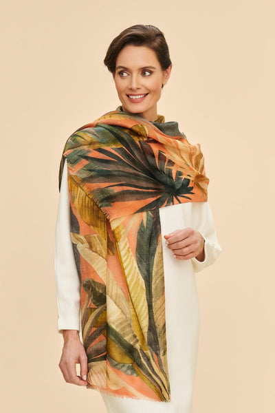 Powder Wool Wrap Fine Scarf - Painted Palms - Tangerine