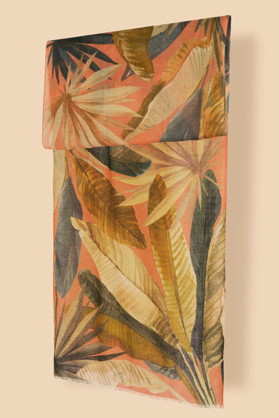 Powder Wool Wrap Fine Scarf - Painted Palms - Tangerine