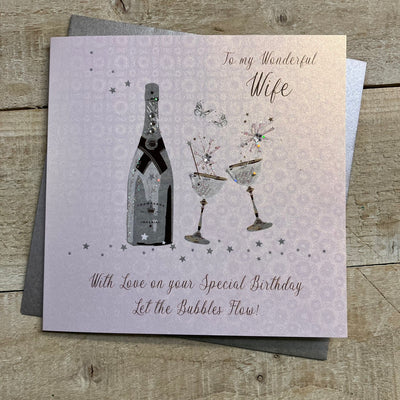 Wonderful Wife Special Birthday Pink Sparkly Champagne Card - White Cotton Cards