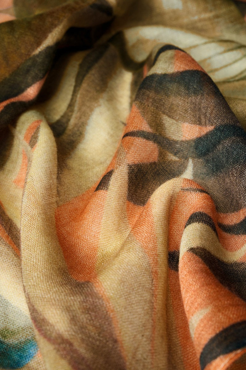 Powder Wool Wrap Fine Scarf - Painted Palms - Tangerine