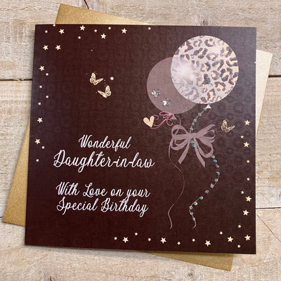 Daughter-in-Law Birthday Black Leopard Sparkling Balloons Card - White Cotton Cards