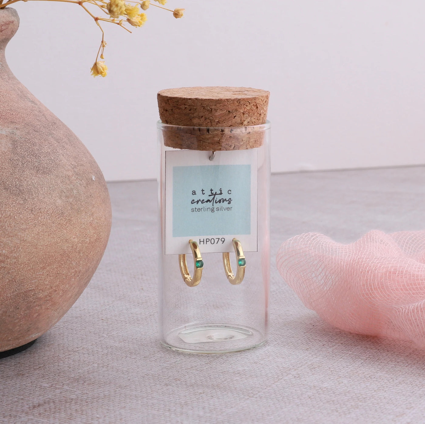 Single Gem Hoop Earrings - Green - Terrarium Bottle - Gold Earrings