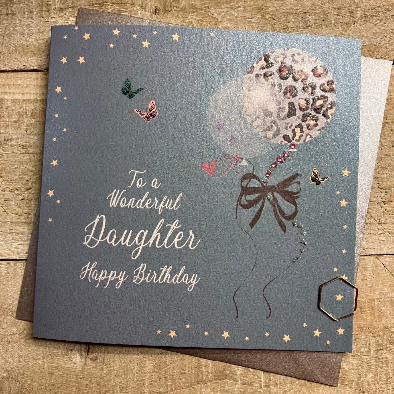 Daughter Birthday Teal Blue Leopard Sparkling Balloons Card - White Cotton Cards
