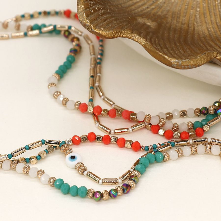 POM Boho Multi Strand Long Beaded Necklace -Coral/Turquoise/Gold