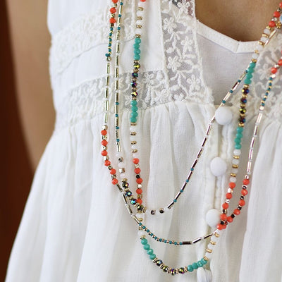 POM Turquoise, Cora, White & Gold Full Beaded Triple Strand Long Necklace