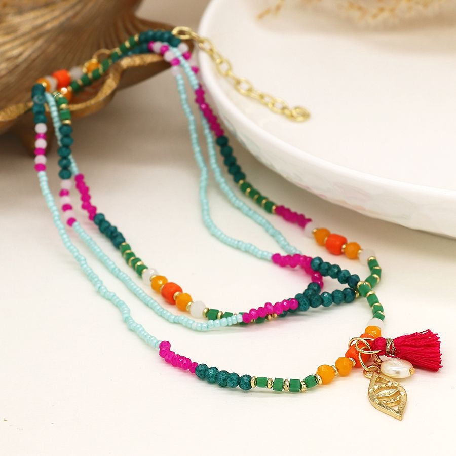 POM Multicoloured Full Beaded Long Necklace with Pink Tassel, Evil Eye & Pearl