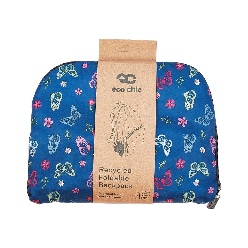 Eco Chic Lightweight Foldable Backpack Bag - Monarch Butterfly - Navy Blue