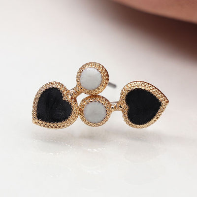 POM Faux Gold Plated Edged Heart Stud Earrings with Black & White Enamel