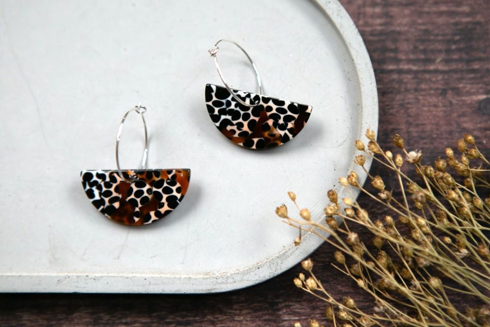 Acrylic Semi-Circle Large Wire Earrings -Animal Print - The Old Farmhouse Jewellery