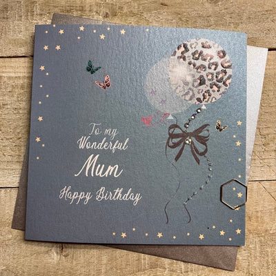 Wonderful Mum Birthday Teal Blue Leopard Sparkling Balloons Card - White Cotton Cards