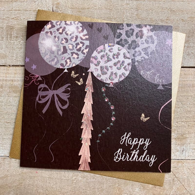 Happy Birthday Black Leopard Sparkling Balloons Card - White Cotton Cards