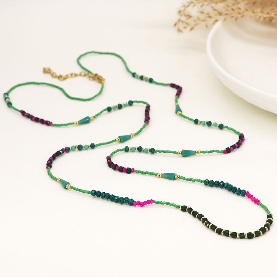 POM Green, Pink & Turquoise Full Beaded Long Necklace