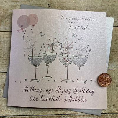 Fabulous Friend Birthday Pink Sparkling Cake, Champagne & Balloons LARGE Card - White Cotton Cards