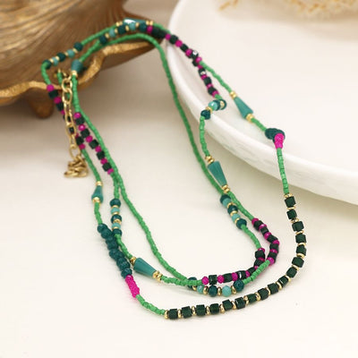 POM Green, Pink & Turquoise Full Beaded Long Necklace