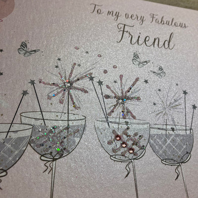Fabulous Friend Birthday Pink Sparkling Cocktail Glasses  LARGE Card - White Cotton Cards