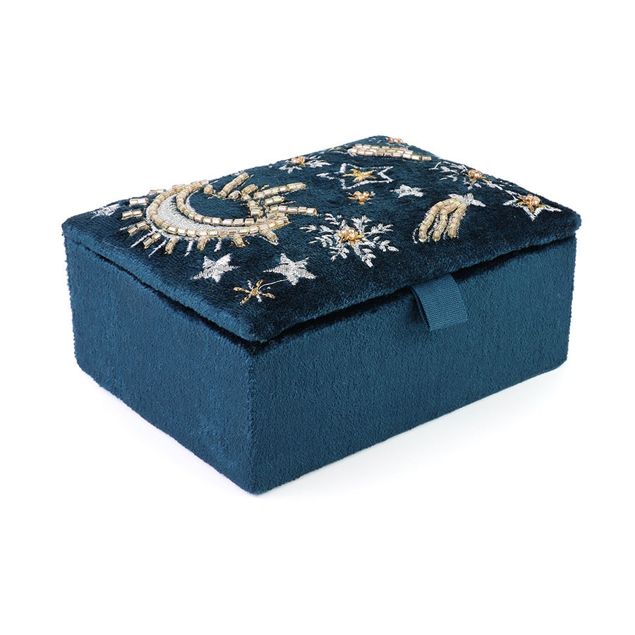 POM - Petrol Blue Velvet - Celestial Moon &amp; Stars - Embroidered Small Jewellery Box