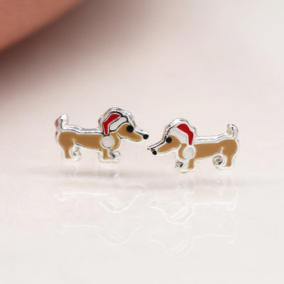 POM Sterling Silver Enamel Santa Dachshund Dog Christmas Stud Earrings