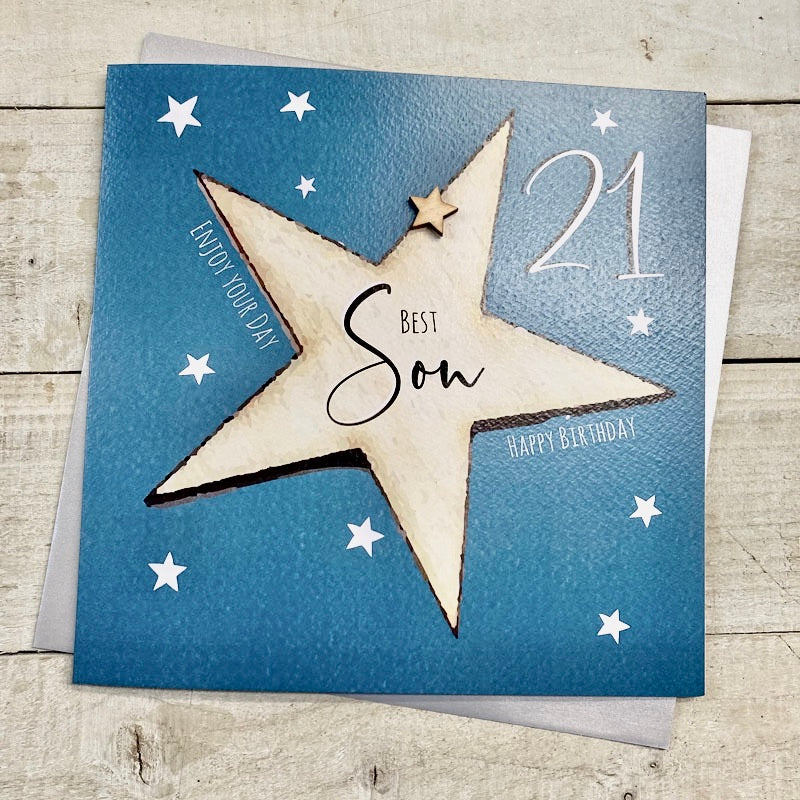 Best Son 21st Star LARGE Card - White Cotton Cards