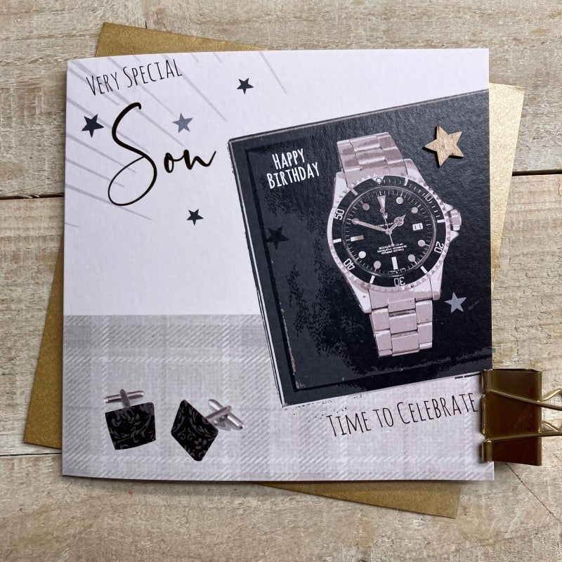 Special Son Time to Celebrate Watch Birthday Card - White Cotton Cards