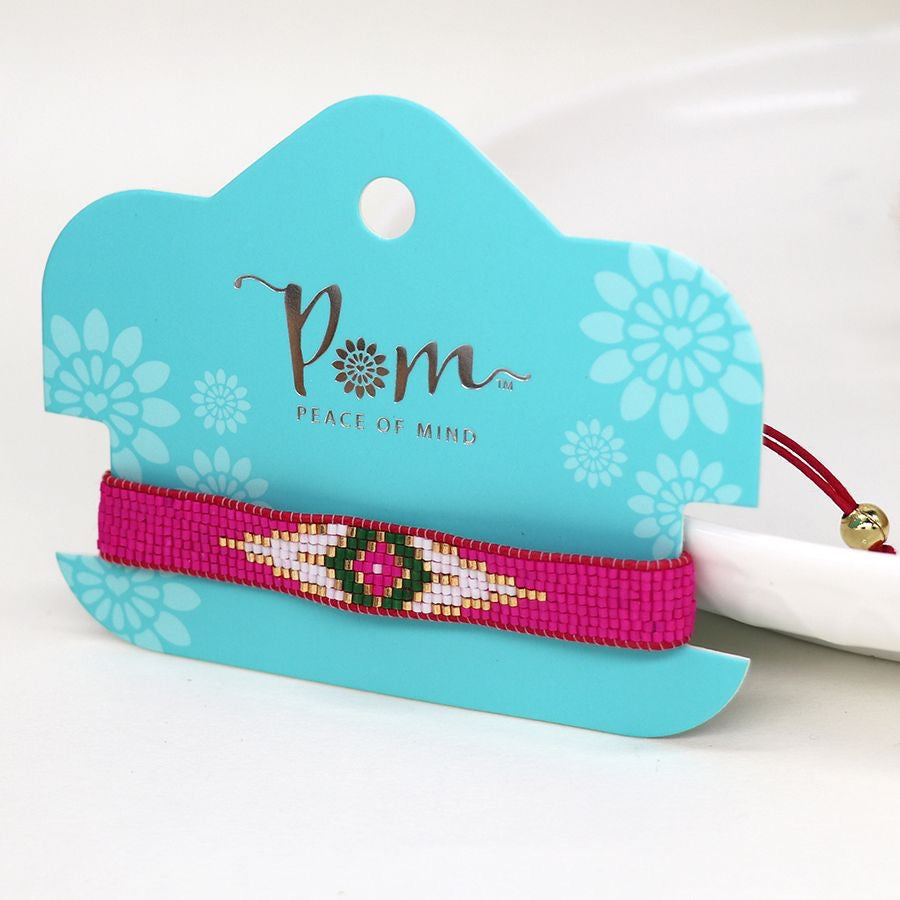 POM Hot Pink Bohemian Fabric Beaded Adjustable Bracelet