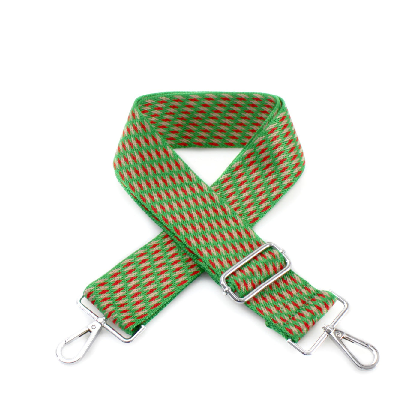 Green/Red Textured Print Bag Strap - with Silver Fittings