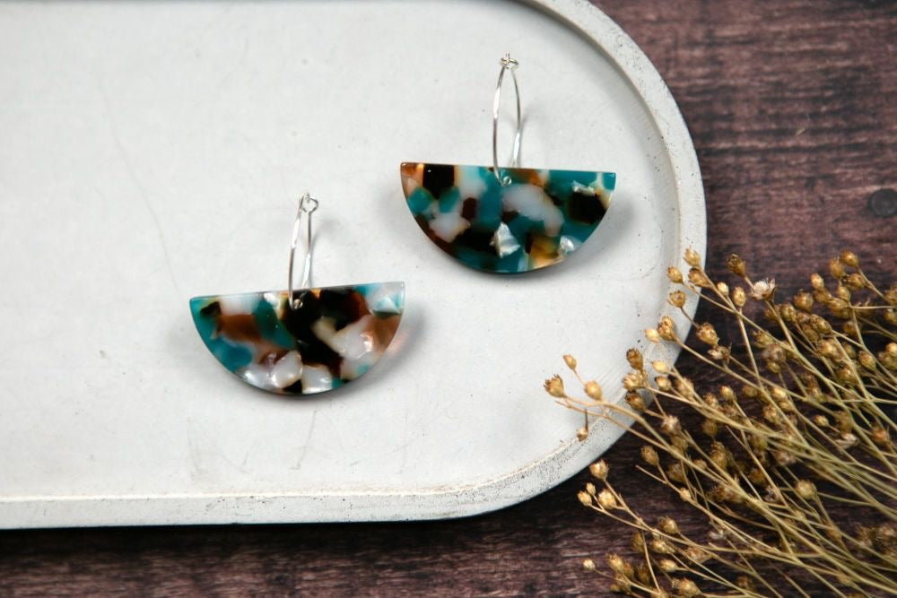 Acrylic Semi-Circle Large Wire Earrings -Teal Mix - The Old Farmhouse Jewellery