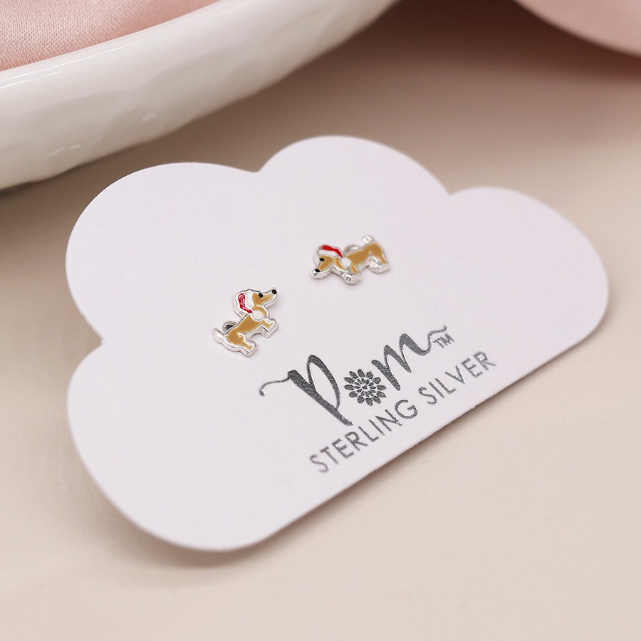 POM Sterling Silver Enamel Santa Dachshund Dog Christmas Stud Earrings