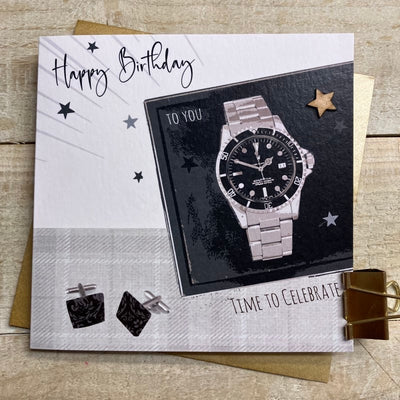 Time to Celebrate Watch Birthday Card - White Cotton Cards