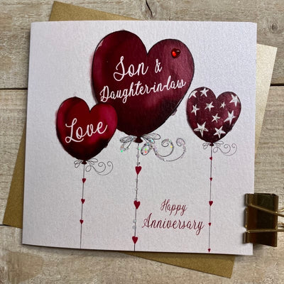 Son & Daughter-in-Law Anniversary Red Heart Balloons Card - White Cotton Cards