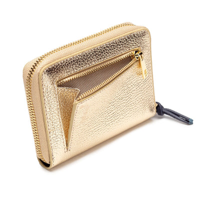 Elie Beaumont Designer Leather Zipper Card Purse - Gold/Navy Blue