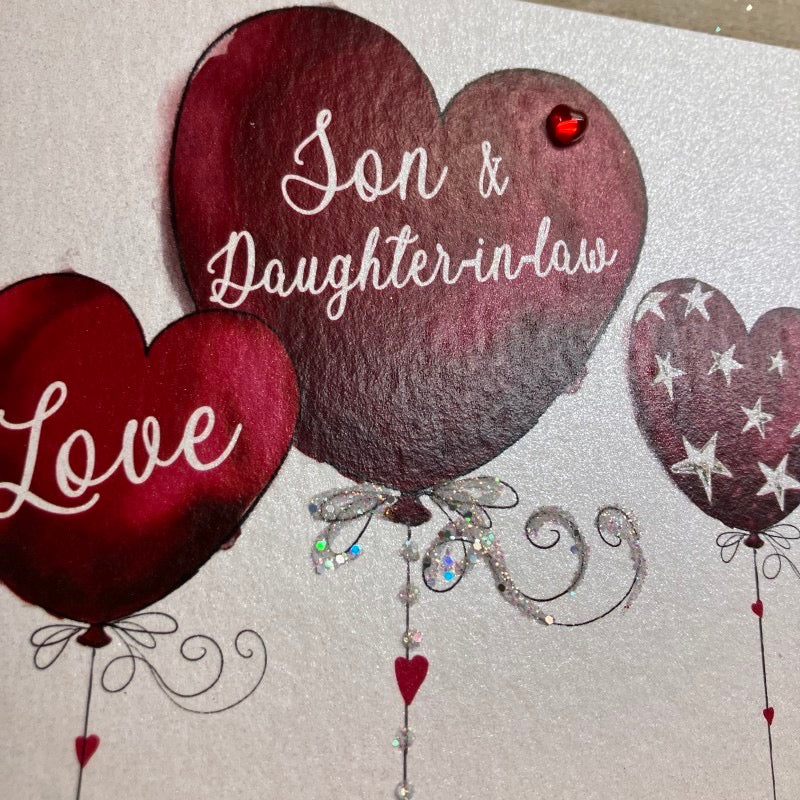 Son & Daughter-in-Law Anniversary Red Heart Balloons Card - White Cotton Cards